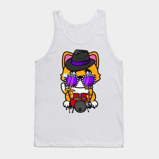 Funny orange cat is playing the drums Tank Top